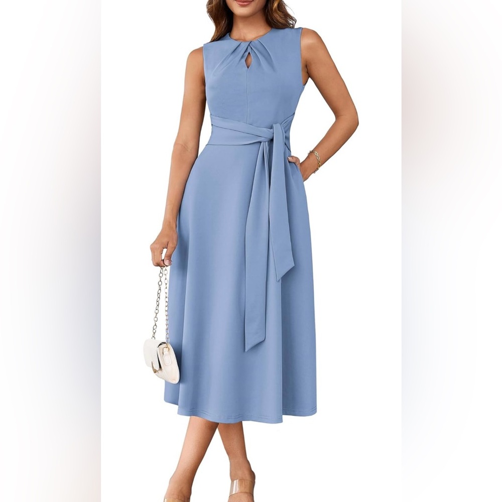GRACE KARIN Sleeveless Tie Waist A Line Midi Dress with Pockets - Large